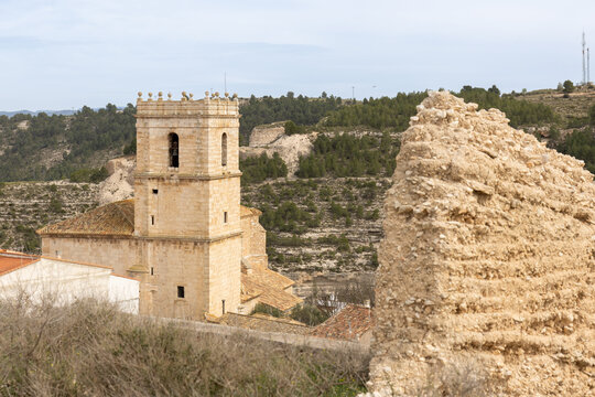 Church of Our Lady of the Assumption from the ruins of the Jorquera castle, Albacete autonomous community of Castilla-La Mancha, Spain.