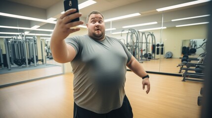 Overweight Man in gym taking selfie, shocked expression, fitness journey.