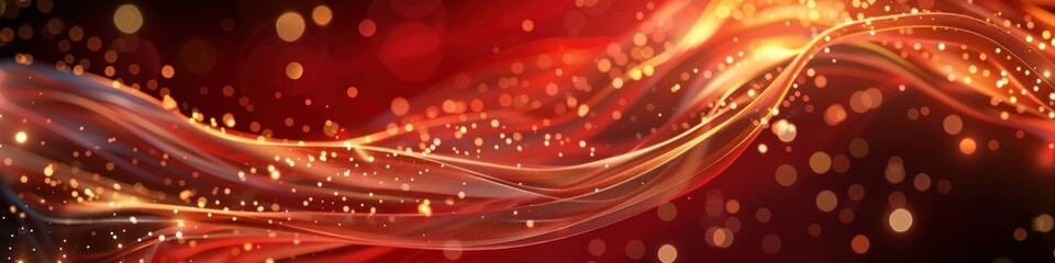Red rich background with golden lines, luxury curves, and light effect with shimmering bokeh elements.
