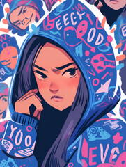 Close up, a cartoon illustration by Rebecca Doodle of a girl in a high blue hoodie in the style of grunge beauty, mixed pattern, text and emoji device, charming character illustration 