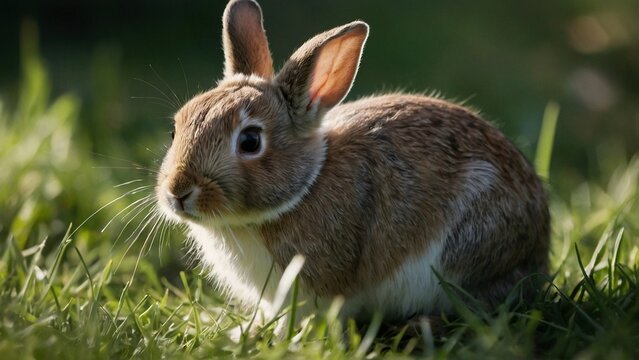 Cute little rabbit hare sitting on green grass field meadow. Beautiful bunny portrait wildlife animal photography illustration wallpaper concept.