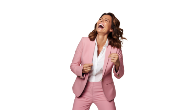 Woman laughing heartily in a chic pink pantsuit, exuding confidence and joy on a transparent background - Powered by Adobe