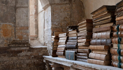 Viele alte Bücher in einem alten Kloster  - obrazy, fototapety, plakaty