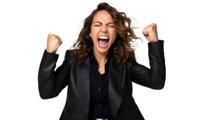 Ecstatic woman celebrating, black suit.