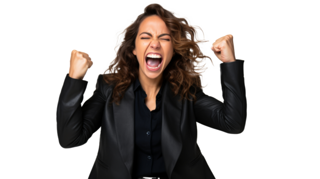 Ecstatic woman celebrating, black suit.