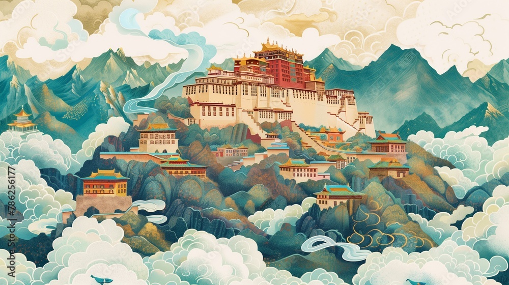 Wall mural ai generated illustration of a surreal painting of a building in the sky with clouds