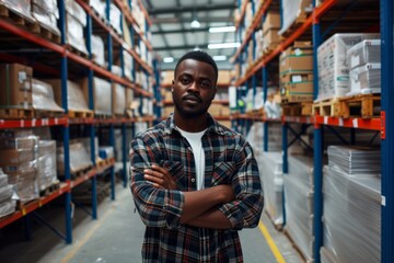 Portrait of a warehouse manager. A dark-skinned man works in a construction supermarket