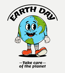 Trendy Character in groovy style. Elements of y2k design. Cloud. Planet and sphere. Environment. Earth Day. Vector illustration. Retro and hippie style. 70s, 80s, 90s. The planet walks and smiles. Eco