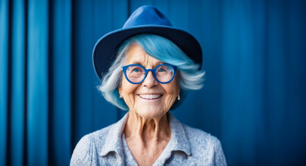 An elderly woman with blue hair and blue glasses smiles, portrait.