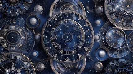 Mystical mandala in midnight blue and silver, cosmic patterns capture night sky beauty.