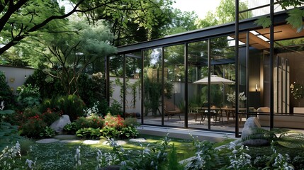Harmonious fusion of glass-walled sunroom and flourishing garden landscape.