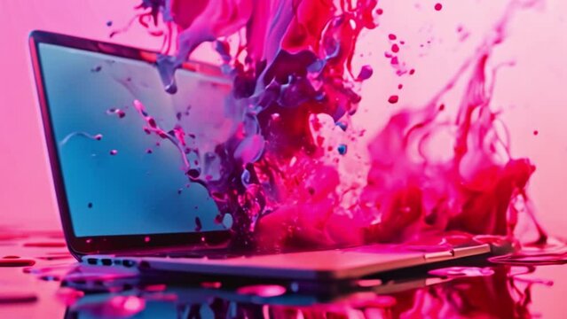 Vibrant Pink Liquid Splashing Over Laptop on Reflective Surface