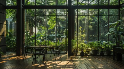 Lush garden vistas captured through the transparent walls of the conservatory.