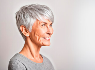 Smiling mature woman with silver gray hair, short haircut, on a light background in profile position, portrait