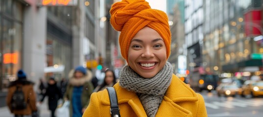 Modern city   woman in turban signifies diversity and middle eastern health, walking confidently