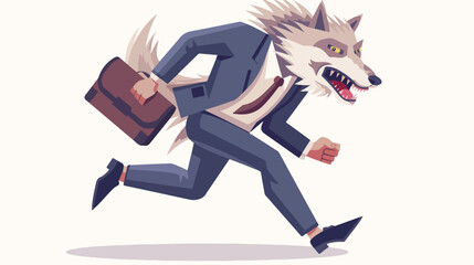 Business man with wolf head running with briefcase. An