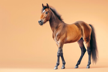 A one-year-old riding foal, studio photo on a beige background