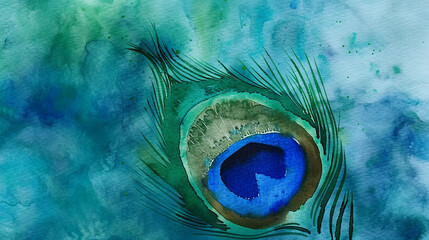 Exotic peacock feather beauty unfurls in blue and emerald watercolor shades.