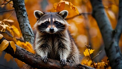 Beautiful portrait of a raccoon surrounded by orange autumn leaves. Animal mammal wildlife photography illustration. Procyon lotor. - obrazy, fototapety, plakaty