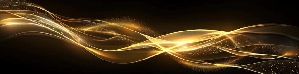 Golden wave with sparkles on dark background. Glowing gold lines. Luxury background.