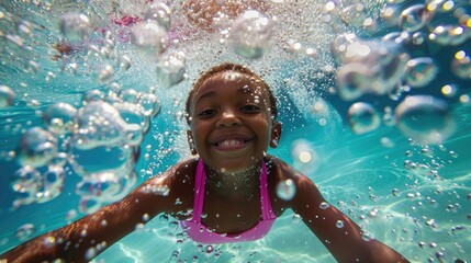A child wearing a pink swimsuit enjoys spinning underwater in a pool amid bubbles while promoting a healthy family lifestyle and engaging in water sports activities that contribute to child