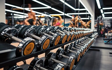 Modern Gym Interior with a Sleek Rack of Dumbbells Reflected in Mirrored Walls - obrazy, fototapety, plakaty