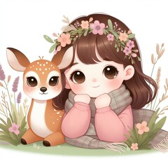 Fototapeta premium nice cute little girl snuggle up to her doe grass little flowers illustration