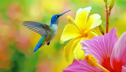 Vibrant hummingbirds hovering, aiming for flower nectar in a beautiful display of color and grace - obrazy, fototapety, plakaty