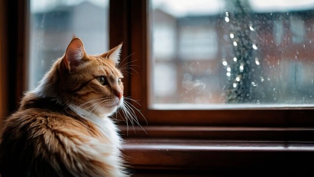 Cute cat sitting on the window. Beautiful kitty close-up portrait animal photography illustration wallpaper with blur bokeh effect. Felis catus.