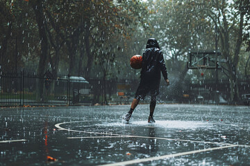Solo basketball player on rainy court surrounded by trees