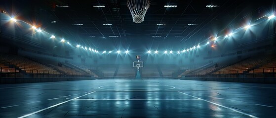 Spotlight on an Empty Basketball Court Inside a Professional Sports Stadium, dark atmosphere