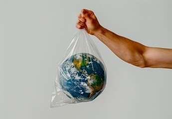Dynamic ecology global warming concept wonder human hand holding dimensions the Earth in an open plastic bag against grey background