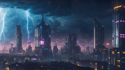 City of the future in a night storm