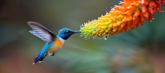 Obraz premium Colorful hummingbirds in flight aiming for flower nectar, vibrant and beautiful sight