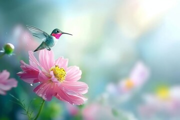 Naklejka premium Elegantly vibrant hummingbirds in flight, skillfully targeting the colorful essence of flower nectar