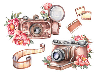 Set of retro cameras with pink peony flowers. Isolated watercolor clip art. Vintage hand painted illustration.