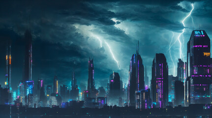 City of the future in a night storm - obrazy, fototapety, plakaty