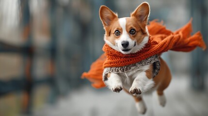 A Corgi, a small dog breed, wears an orange scarf while leaping in the air - Powered by Adobe