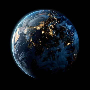 Panoramic view on planet Earth globe from space. Glowing city lights, light clouds.