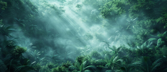 Fototapeta na wymiar A mesmerizing 3D illustration of a mysterious and lush jungle forest engulfed in fog, creating an enchanting oasis of natural beauty.