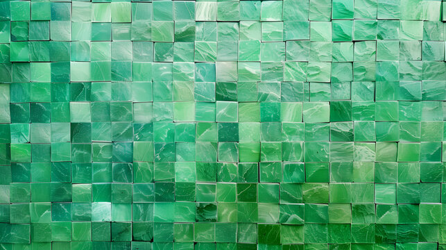 Panoramic green background texture with mosaic. Geometric mosaic design. Abstract color trendy background. Mosaic texture with geometric shapes, green shiny mirror iridescent squares and rectangles 
