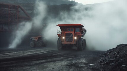 Red coal trucks are working hard.Generative AI illustration