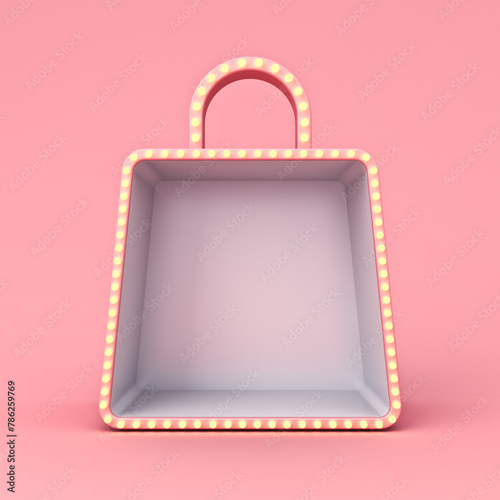 Aufkleber blank shopping bag product display showcase stand with yellow retro light bulbs isolated on pink pas