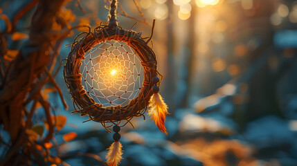 A close up of a wood twig dream catcher hanging,
The soft glow of a dreamcatcher39s beads catches the light casting a calming aura in the roo
 - obrazy, fototapety, plakaty
