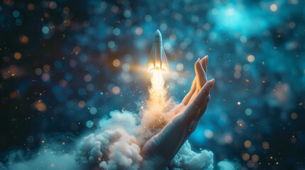 A space rocket launching from a woman's hand into the cosmos against a blurred blue background, symbolizing cosmic exploration and futuristic technology or Business startup