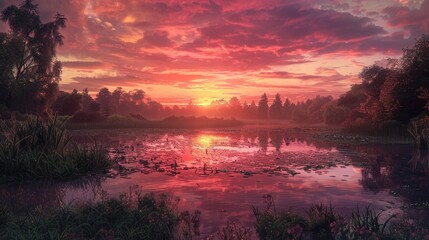 A pond beneath a rosy sky - obrazy, fototapety, plakaty