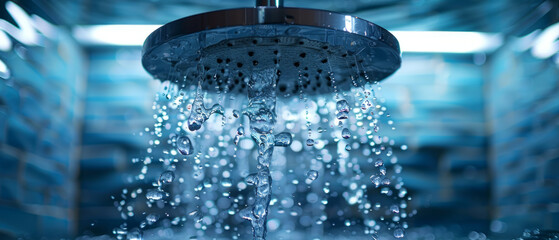 Dynamic water flow from shower in modern bathroom interior captured digitally, showcasing luxury and comfort.