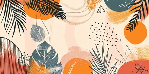 vector illustration of boho abstract shapes and tropical leaves, pastel colors