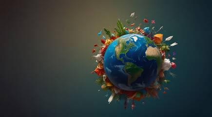 Earth from space with half side made of various plastic waste earth day celebration, Earth day concept, Illustration Style, trash