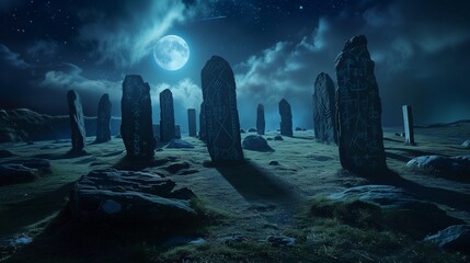 AI-generated illustration of the moon in a night sky illuminating ancient rocks in a meadow